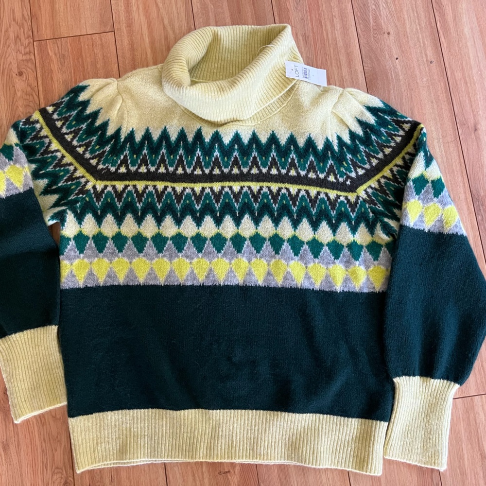 LOFT Yellow Fair Isle Turtleneck Sweater NWT SZ LARGE